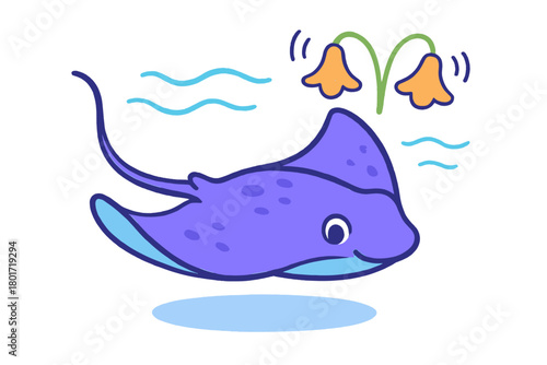 Adorable purple stingray swims among vibrant underwater flowers