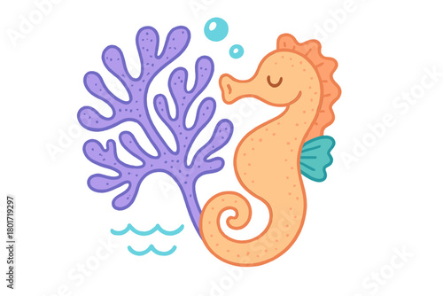 Cute orange seahorse resting beside colorful purple sea fan