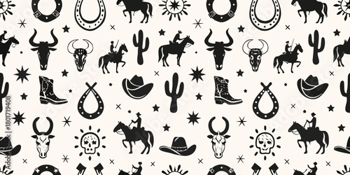 Western cowboy seamless pattern with horses cacti cowboy hats and bull skulls
