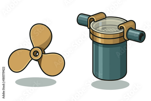 Isometric Icons of Bronze Marine Propeller and Water Intake Strainer