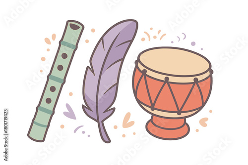 Set of traditional musical instruments including flute feather and hand drum