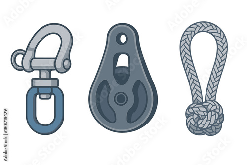 Nautical hardware set featuring swivel snap hook, block, and braided rope knot