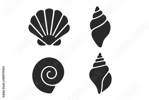 Four black and white icons of various seashells and spiral conch shapes