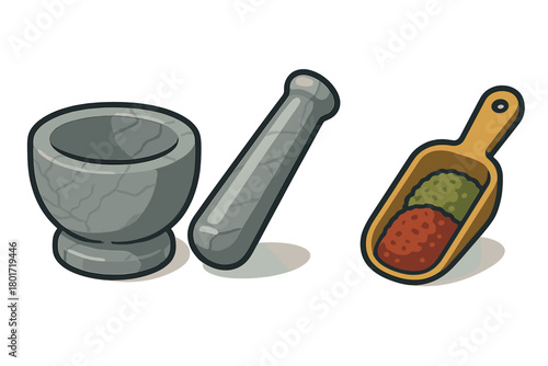 Stone mortar and pestle with wooden spice scoop and ground powders