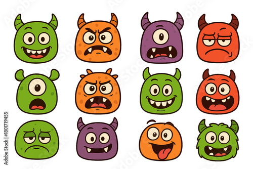 Twelve colorful cartoon monster faces displaying various expressions