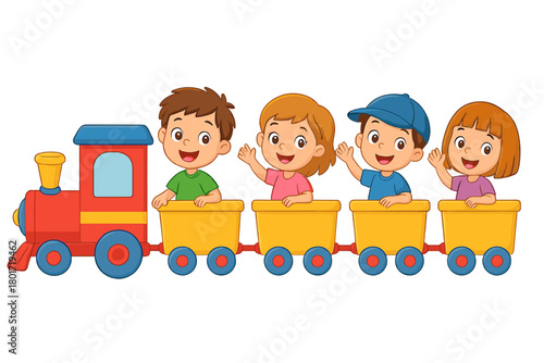 Joyful kids riding colorful toy train cars and waving hands