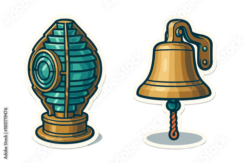Set of nautical signal light and ship bell stickers