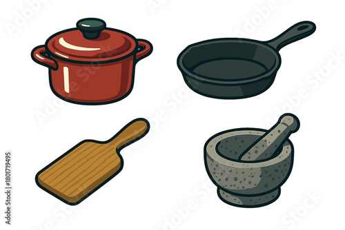 Assortment of cooking utensils including pot, skillet, cutting board, and mortar and pestle