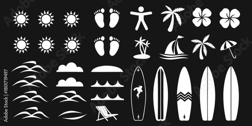 Collection of white summer beach vacation icons and symbols on a black background