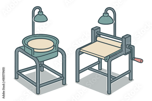 Isometric pottery equipment including wheel and slab roller