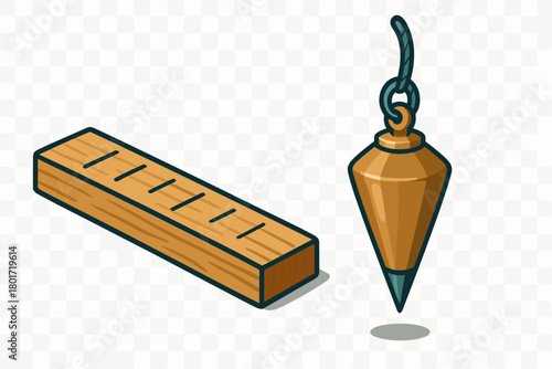 Isometric set of wooden level and plumb bob measuring tools