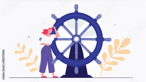 Conceptual digital painting of a woman confidently steering a ship s wheel symbolizing leadership and journey through the sea