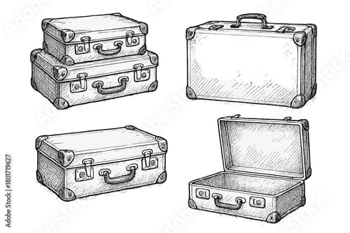 Collection of vintage suitcases and luggage in hand drawn sketch style
