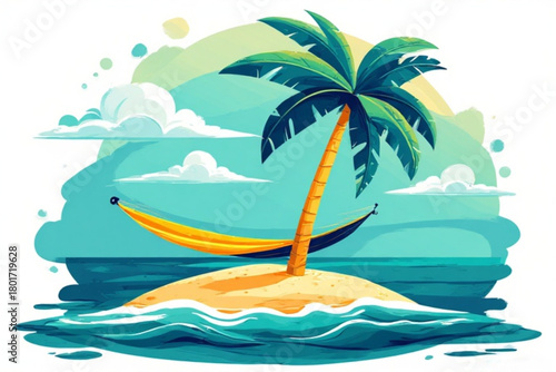 A tropical island scene featuring a palm tree, hammock, and ocean waves under a sunny sky.