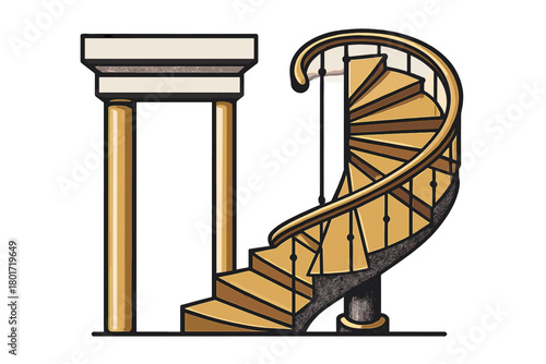 Curved wooden staircase next to classical architectural columns