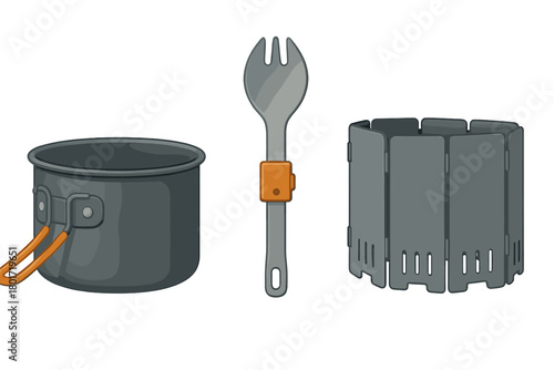 Compact camping cooking pot spork and windscreen set for outdoor trips