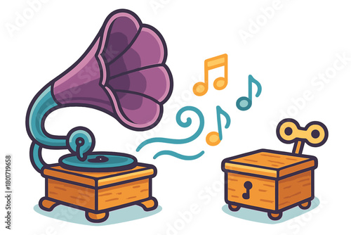 Vintage gramophone playing music next to a wind up music box