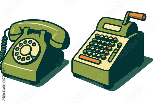 Retro rotary telephone and mechanical cash register set