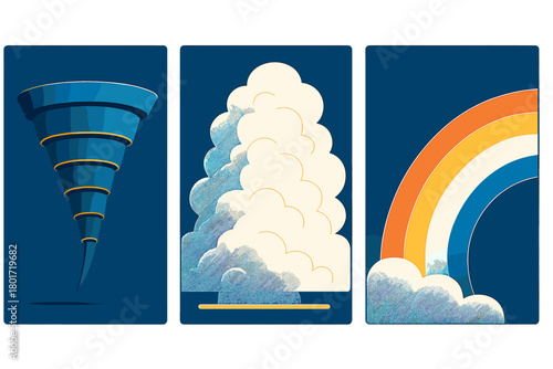 Tornado cloud and rainbow weather phenomena abstract set