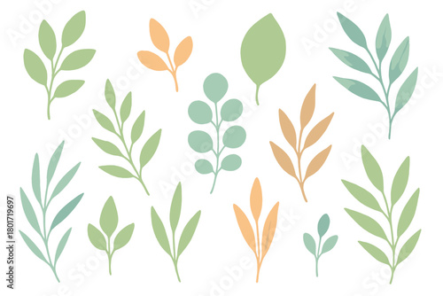 Assorted botanical leaves in soft pastel watercolor style