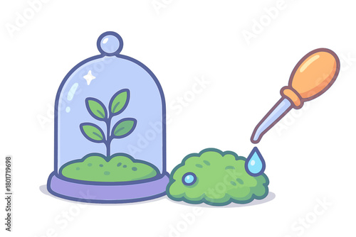 Small sprout growing under glass cloche with dropper watering moss