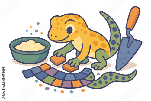 Cute gecko laying colorful mosaic tiles with trowel and mortar
