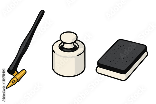 Isometric icons of calligraphy pen, inkwell, and sweet dessert