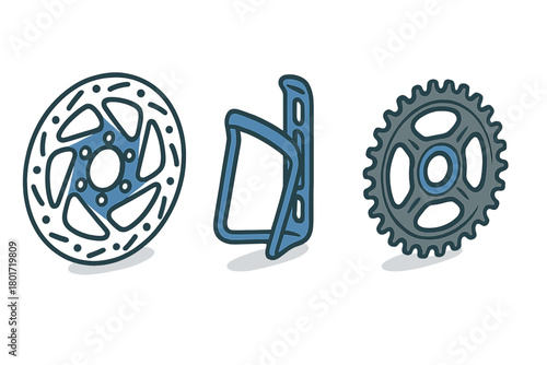 Set of bicycle components featuring disc brake rotor, bottle cage, and gear sprocket