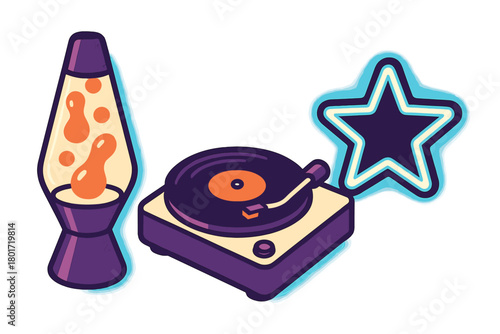 Isometric collection of retro music and glowing lighting objects