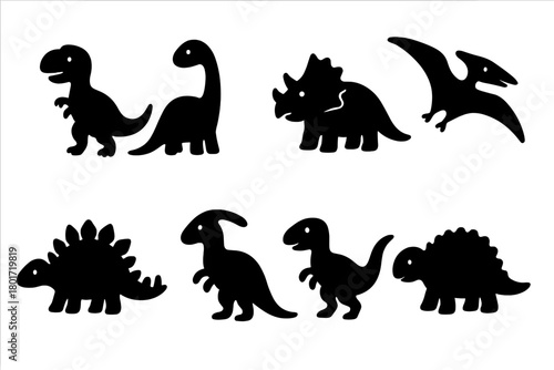 Collection of seven cute cartoon dinosaur silhouettes for prehistoric theme