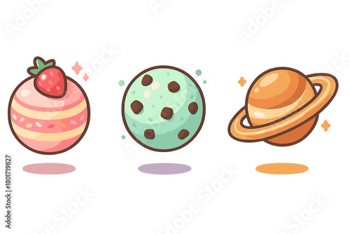 Set of cute dessert and planet icons with strawberry and cookie spheres