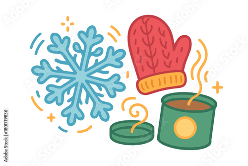 Cozy winter hot beverage with snowflake and knitted mitten icons