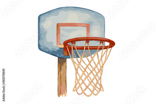 Watercolor style basketball hoop with net and backboard detail