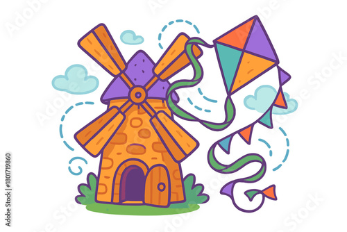 Whimsical windmill with flying kite and festive bunting decoration