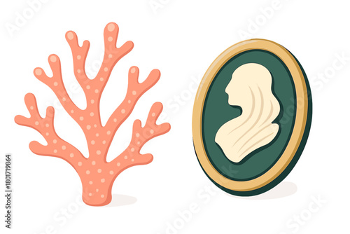 Coral branch and antique cameo portrait silhouette isolated on white