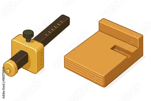 Isometric view of woodworking marking gauge and dovetail jig tools