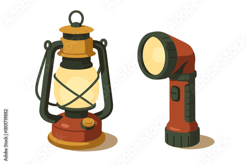 Vintage oil lantern and modern right-angle flashlight set
