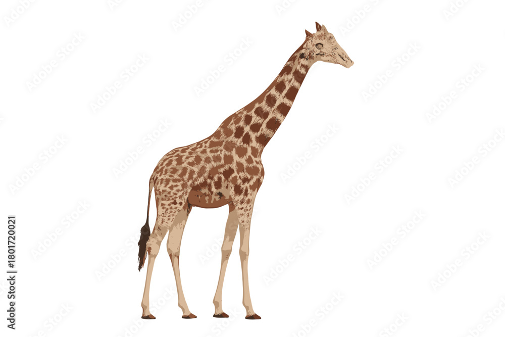 Naklejka premium Realistic giraffe standing in profile view isolated on white background