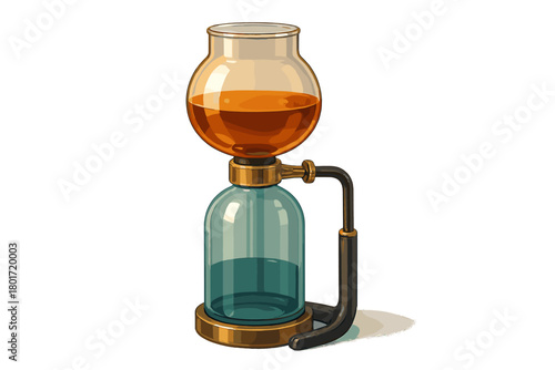 Classic siphon coffee maker with amber liquid and transparent glass chambers