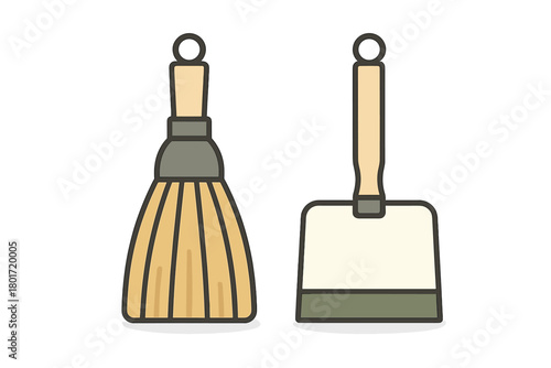 Hand broom and dustpan cleaning tool set icon graphic