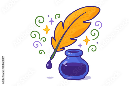 Quill pen dipping into inkwell with swirling magical sparkles