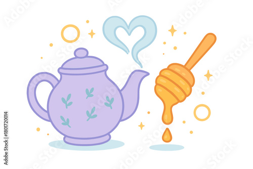 Whimsical purple teapot with steam heart and dripping honey dipper