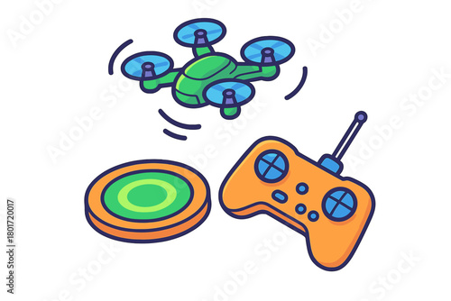 Modern quadcopter drone with remote controller and circular landing pad