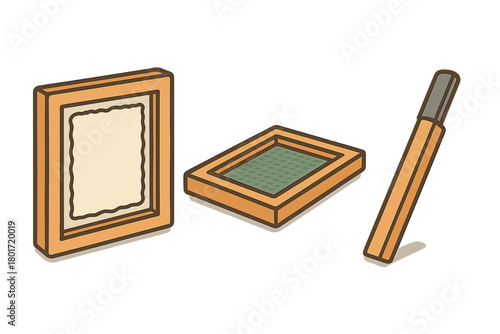Isometric papermaking tools set featuring deckle mold and screen