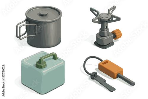 Isometric camping cooking gear set with stove and canteen