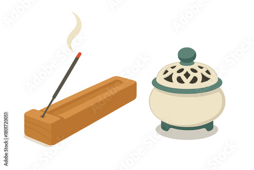 Burning incense stick with wooden holder and ceramic censer