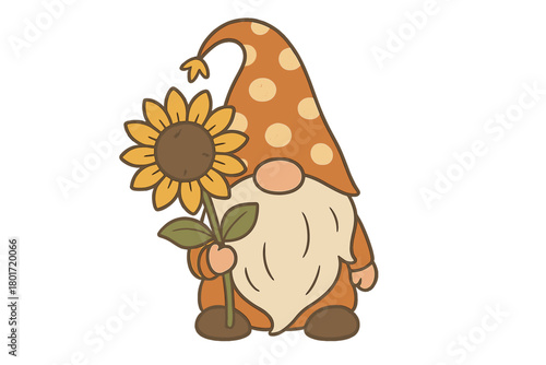 Charming gnome character holding a large sunflower with vibrant autumn colors