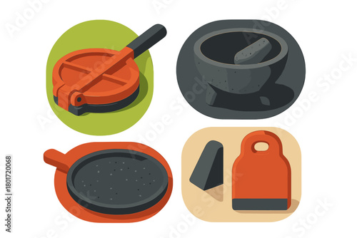 Traditional Mexican cooking tools including tortilla press and molcajete