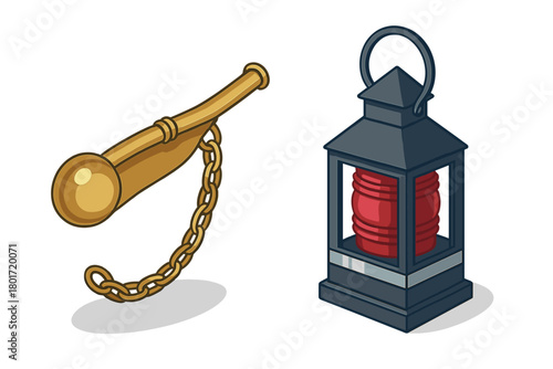 Brass boatswain pipe with chain and nautical signal lantern