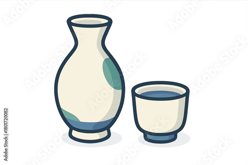 Traditional Japanese sake carafe and cup set icon graphic